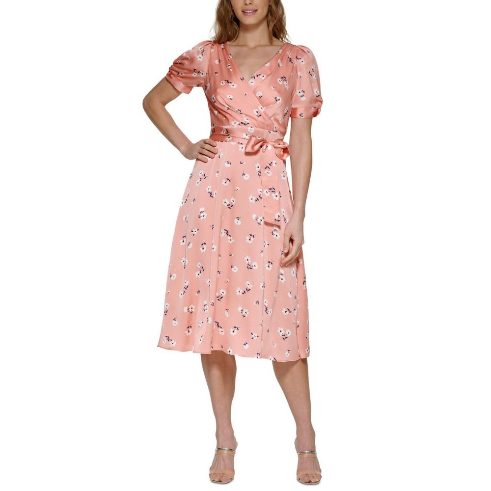 Dkny Peach Floral Wrap Midi Dress